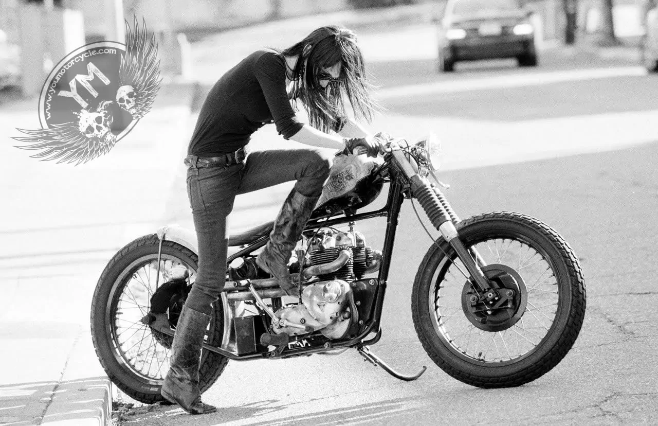 girl with kickstart motorcycle