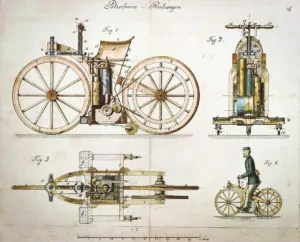 Daimler Reitwagen color drawing 1885 DE patent