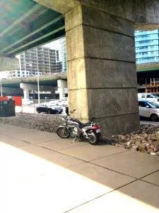 Downtown Toronto motorcyle parking under the Gardiner Expressway