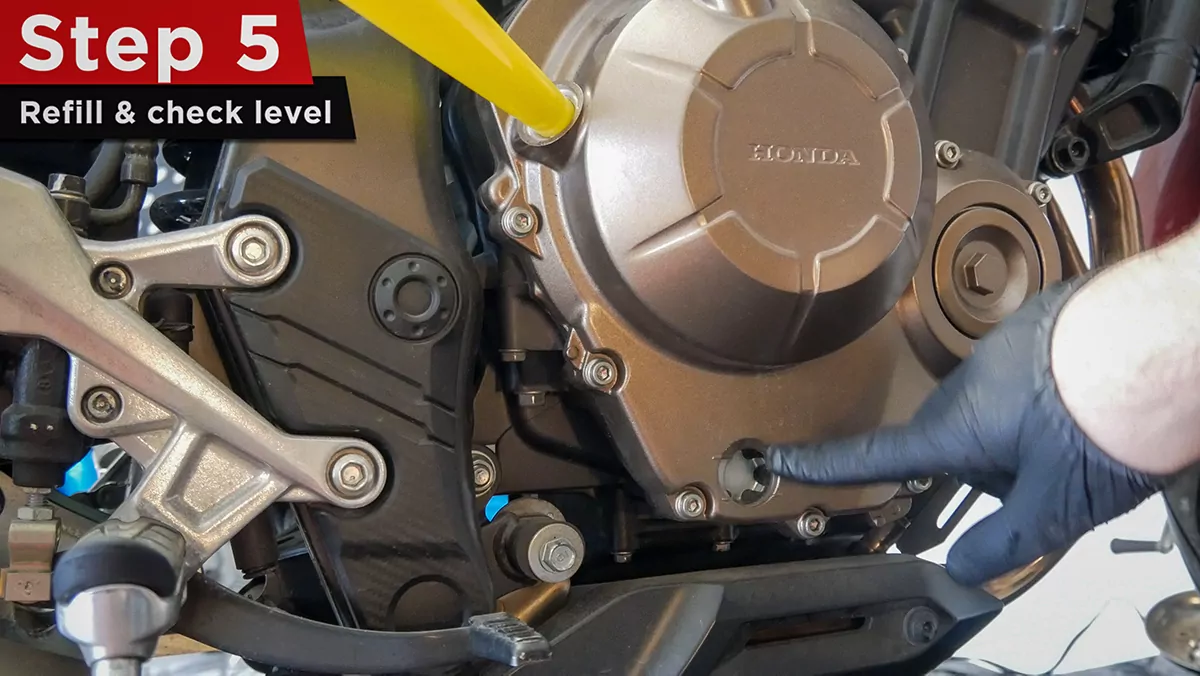 Honda CB500F oil change step 5 refill oil and check oil level